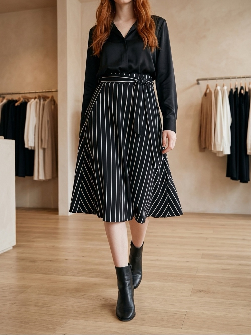 Womens Black & White Pinstripe A-Line Skirt | Skater Skirt